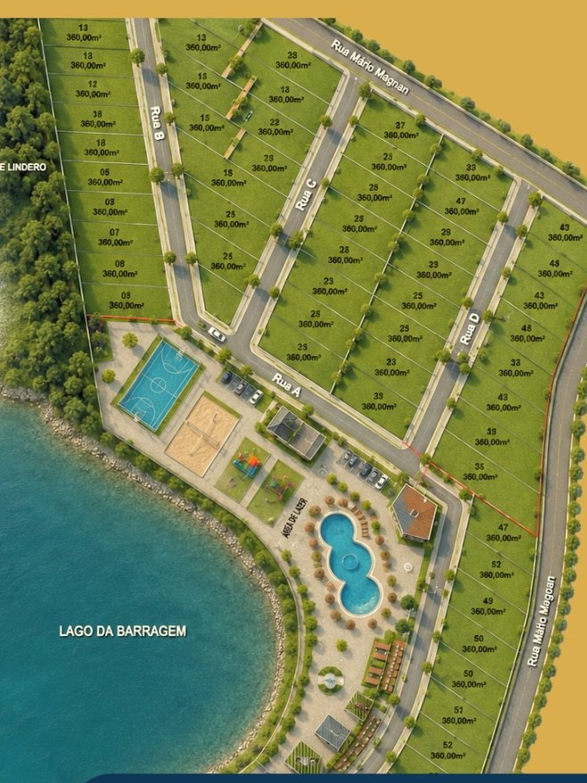 Masterplan do Barra Beach com a divisão dos lotes de 360 m² e a área de lazer junto ao lago